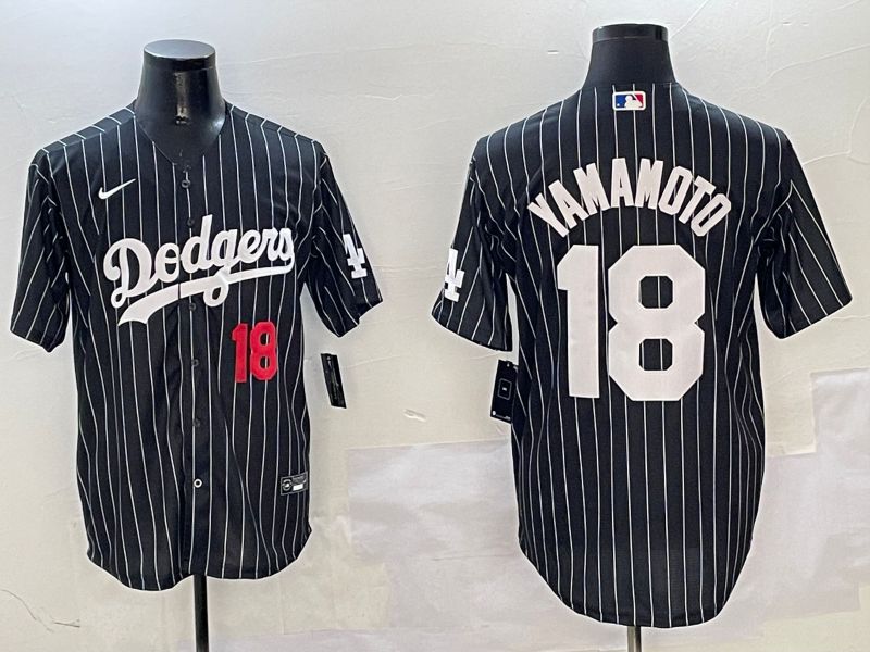 Men Los Angeles Dodgers #18 Yamamoto Black Stripe Jointly Name 2025 Nike MLB Jersey style 3